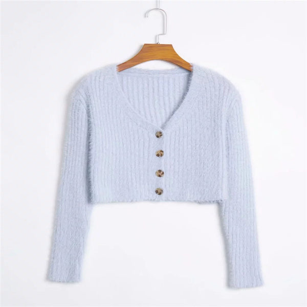 Cropped V Neck Cardigan Sweater