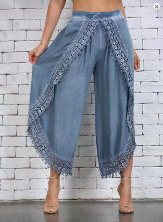 Buy blue Women Commuter Lace Harem Wide Leg Pants