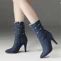 Women Shredded Denim Heeled Boots