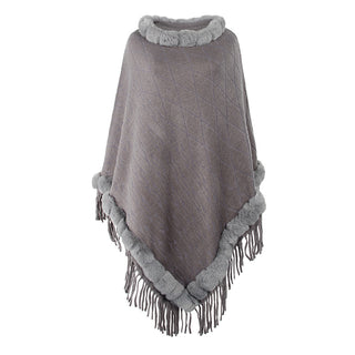 Buy grey Women Cashmere Knitted Cape Shawl With Fur Collar