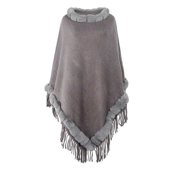 Women Cashmere Knitted Cape Shawl With Fur Collar