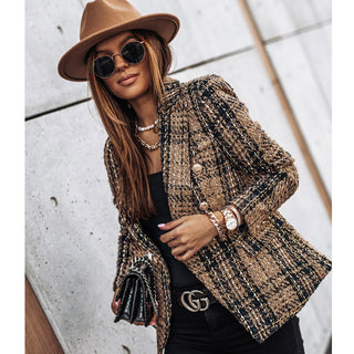 Buy brown Plaid Long-sleeved Slim-breasted Blazer