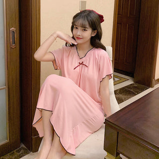 Buy pink Thin Short-sleeved Loose Bow Night Gown