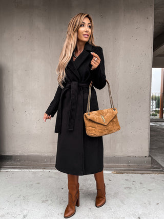 Women V Neck Belted Waist Woolen Coat