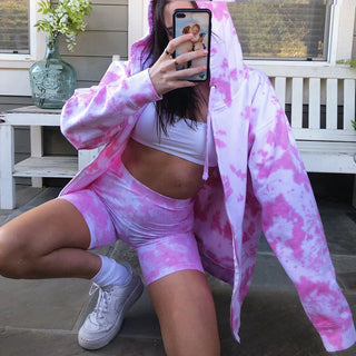 Buy pink Loose Casual Tie Dye Hooded Sweater