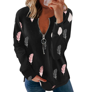 Buy black Women V-neck Zipper Feather Print Loose T-shirt