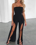 Fashion Slim Black Split Tube Top Jumpsuit