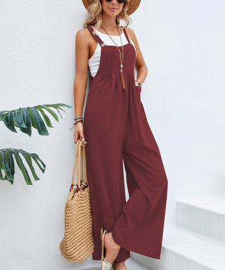 Buy burgundy Overalls Casual Loose Rompers Jumpsuits With Pockets