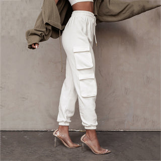 Buy white Women High Waist Drawstring Cargo Sweatpants