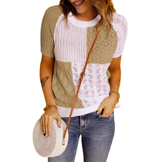 Buy khaki Square Block Short-sleeved Knitted Sweater