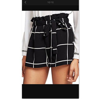 Buy black Plaid Belted Ruffle Waist Shorts