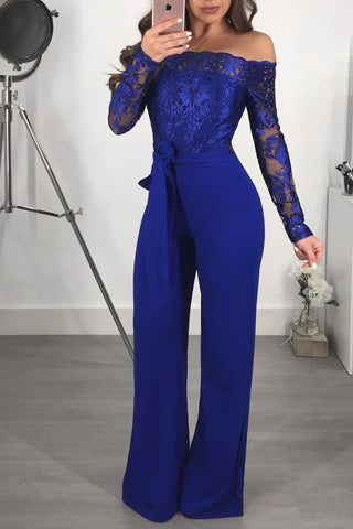 Buy blue Lace-neck wide-leg jumpsuit