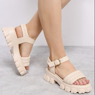 Buy beige Women Solid Color Thick Leather Sandals