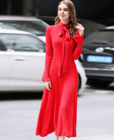 Buy red Women Long Belted Sweater Dress