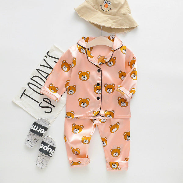 Unisex Long Sleeve Ice Silk Bear Pajama Set