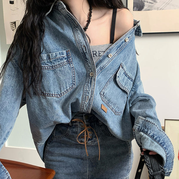 Women Single Breasted Loose Denim Jacket