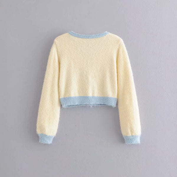 Cropped Diamond Button Knit Round Neck Cardigan Sweater