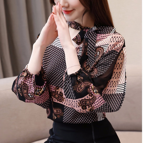 Patterned Chiffon Net Puff Sleeve Top