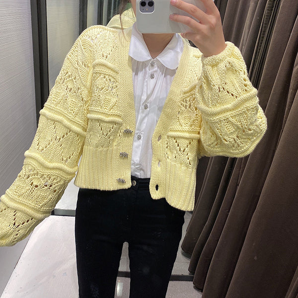 Mesh Hallow V Neck Cardigan Sweater