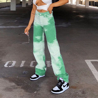 Buy green Cloud Printed High Waist Straight Tie-dye Pants