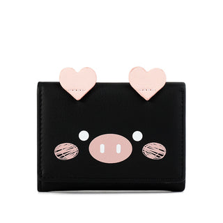 Buy black Women Short Three-Fold Cartoon Pig Wallet