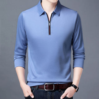 Buy light-blue Men Long Sleeve Lapel Half Zip T Shirt