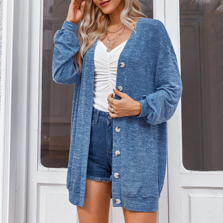 Buy blue Thin Mid Length Knitwear V Neck Cardigan