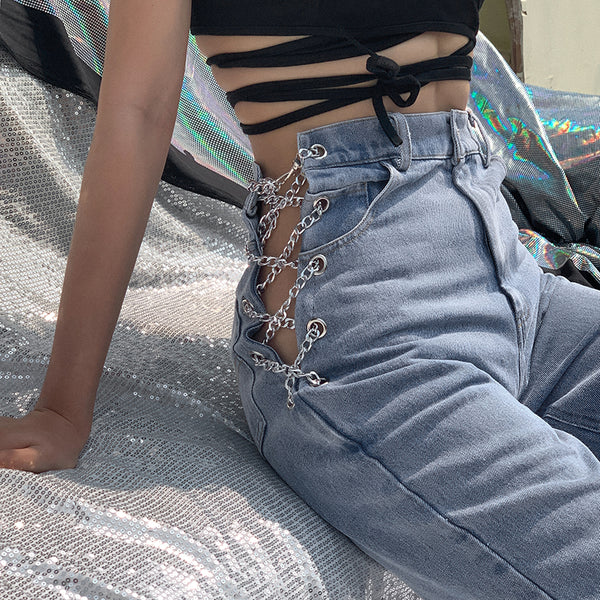 Side Slit Chain High Waist Jean