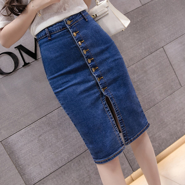 Single-breasted Mid-length Denim Skirt