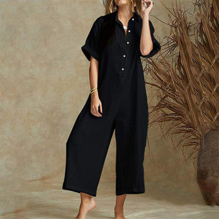 Buy black Casual Loose Long Jumpsuit Short Sleeve Rompers