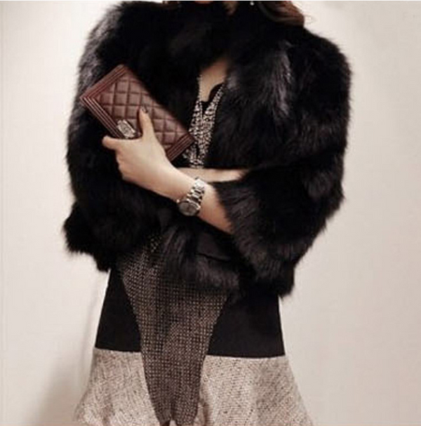 Women Stand Collar Fur Slim Jacket