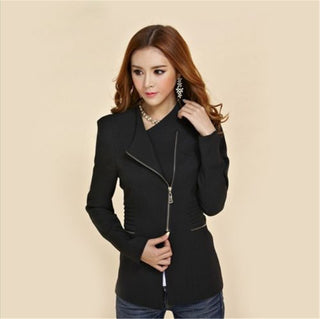 Buy black Women Solid Color Zip Slim Fit Blazer Coat