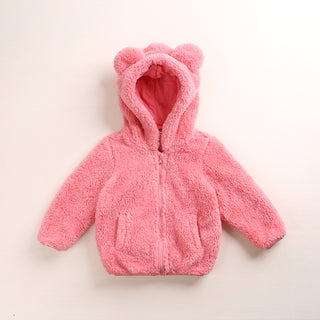 Buy bright-pink Round Neck Fleece Bear Ear Hooded Sweater