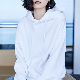 Buy white Loose Solid Colored Crew Neck Hoodie