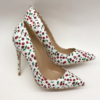 Women Cherry Printed Sheepskin High Heels