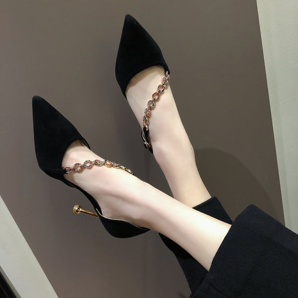 Anklet Suede Rhinestone Pointed Stiletto Heels