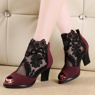 Buy claret Women Thick Lace Open Toe Heel Shoes