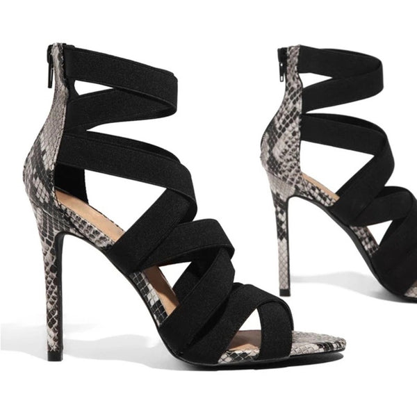 Cross Ties Snake Pattern High Heels