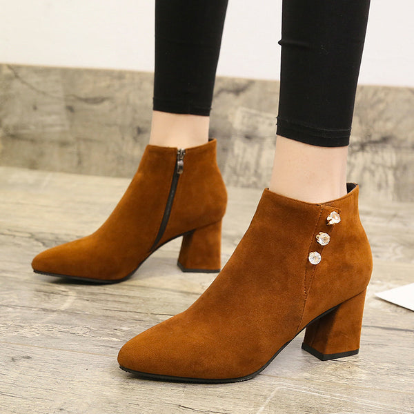 Pointed Thick Heel Martin Boots with Side Buttons