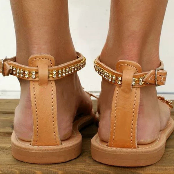 Women Floral Buckle Strap Rhinestone Flat Sandals