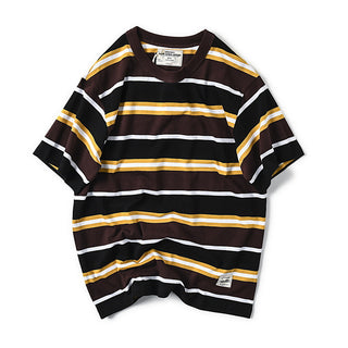 Buy coffee-yellow Men Cotton Round Neck Striped T-Shirt