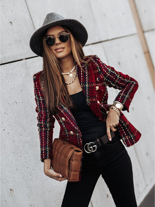 Buy red Double-breasted Collar Print Blazer