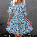 V-Neck Short-Sleeved Ruffled Floral Dress