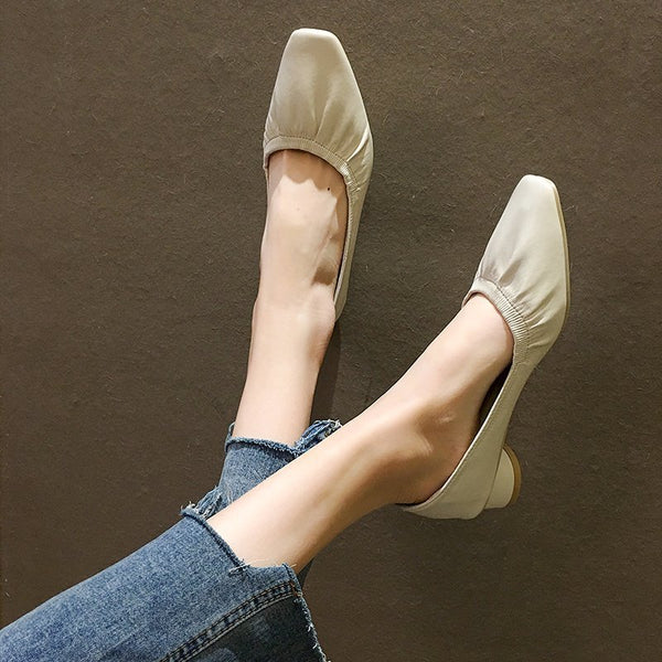 Women's Square Toe Pleated Loafers Slip-on Shoes