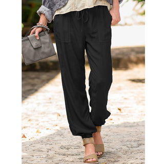 Buy black Lace-Up Solid Color Casual Polyester Pants