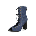 Women Denim Drawstring Open Toe Heeled Shoes