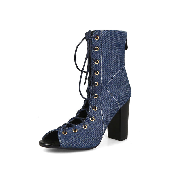 Women Denim Drawstring Open Toe Heeled Shoes