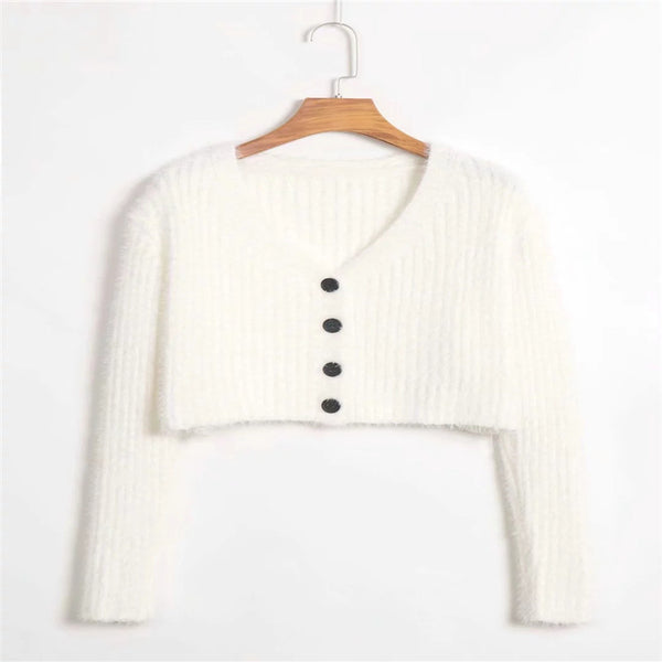 Cropped V Neck Cardigan Sweater