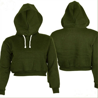 Buy army-green Cropped Solid-Coloured Drawstring Hoodie