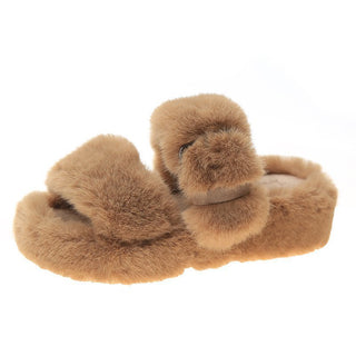 Buy khaki Double Bow Strap Thick Plush Slip-on Comfort Shoes